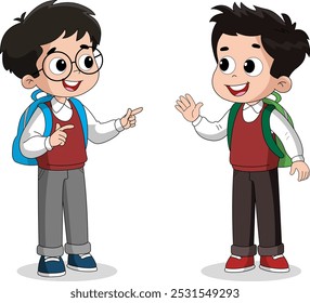 Duas crianças de escola falando vetor, dois meninos de pé, crianças bonitas conversando ilustração