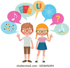 Two school pupils girl and boy and symbols different science and school subjects vector illustration