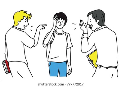 Two school teen students bullying another at school. Vector illustration character, outline, linear, thin line art, hand drawn sketch design, simple style.