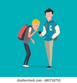 Two schoolboys watching live stream video. Video streaming on smartphone.
Modern teenagers characters.  -stock vector