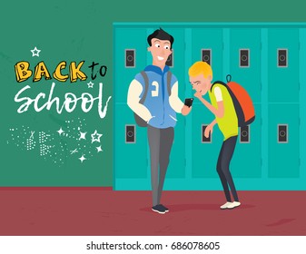 Two schoolboys watching live stream video. Video streaming on smartphone.
Modern teenagers characters.  -stock vector