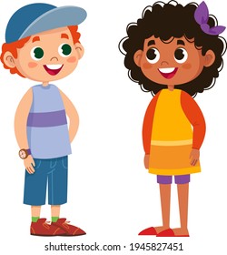 Two schoolchildren speak vector. Children laugh and play. The black woman is beautiful. Boys and girls. Illustration funny clipart set cute