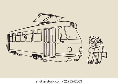 
Two schoolchildren and a tram