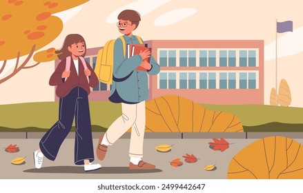 Two Schoolchildren Walking To School On A Fall Day. Cartoon Vector Students Are Happily Chatting And Carrying Backpacks