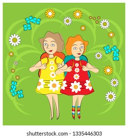 Two schoolgirl sisters with knapsacks go to school in the spring when everything is green around and flowers bloom. Vector illustration