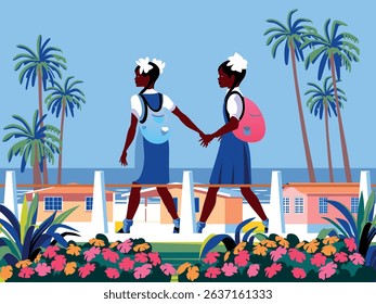 Two schoolgirls with backpacks in school uniforms walk down the street holding hands, against the backdrop of flower beds, houses and palm trees. Handmade drawing contemporary vector illustration.