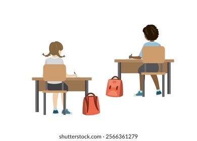 Two schoolgirls girls sitting in the workplace rear view, female character isolated on white background. Classmates on lesson. Education process, learning. flat vector illustration