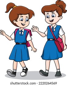 Two Schoolgirls are going to school cute cartoon vector illustration