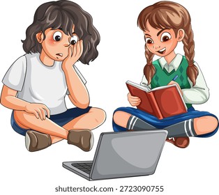 Dos colegialas interactúan con una computadora portátil y un cuaderno en un estilo de dibujos animados de Vector limpio