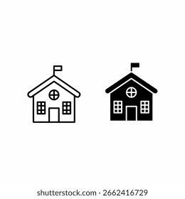 Two schoolhouse icons, one outlined and one solid black, with flags.