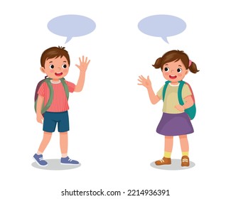 two schoolkids with backpack boy and girl say goodbye or hello waving hands to each others