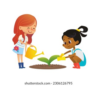 Two schooll girls engaged in gardening in the backyard. Girls watering and planting plants and flowers in the garden. Eco concept. Montessori education activity. Vector illustration.