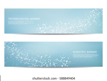 Two scientific banner. Molecular structure of DNA and neurons. Geometric abstract background. Medicine, science, technology, business and website templates. Vector illustration.