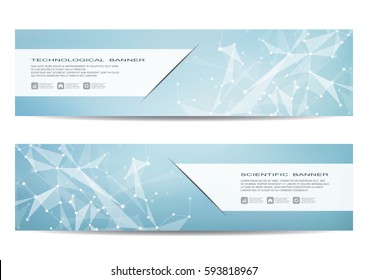 Two scientific banner. Molecular structure of DNA and neurons. Geometric abstract background. Medicine, science, technology, business and website templates. Vector illustration.