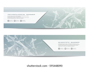Two scientific banner. Molecular structure of DNA and neurons. Geometric abstract background. Medicine, science, technology, business and website templates. Vector illustration