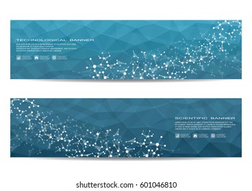 Two scientific banner. Molecular structure of DNA and neurons. Geometric abstract background. Medicine, science, technology, business and website templates. Vector illustration
