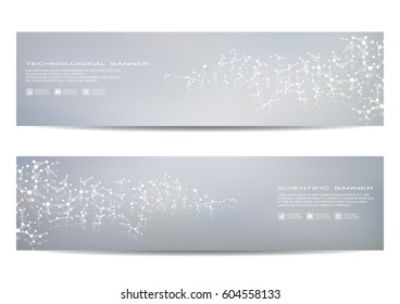 Two scientific banner. Molecular structure of DNA and neurons. Geometric abstract background. Medicine, science, technology, business and website templates. Vector illustration