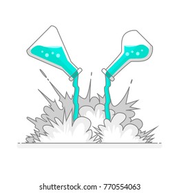 Two scientific flasks throwing liquid and forming a chemical explosion. Flat line design concept. Vector illustration.