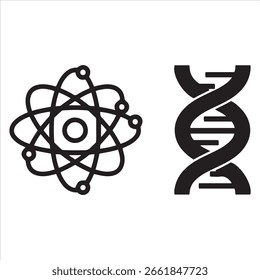 Two scientific symbols representing atomic structure and genetic material.