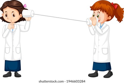 Two scientist girls cartoon character string phone experiment illustration
