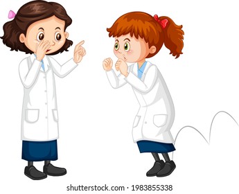 Two scientist girls cartoon character talking each other illustration