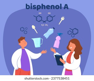 Two scientist worried about exceeds of safety levels of bisphenol. Plastic bottles, spoon, fork. Environment, population concept