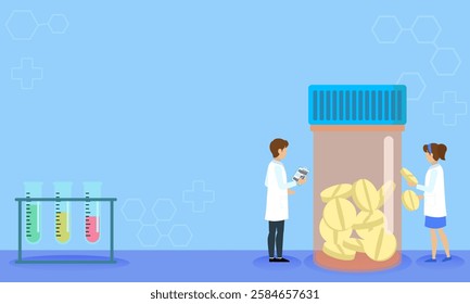 Two scientists analyzing pharmaceutical medication in laboratory setting, symbolizing healthcare research and development