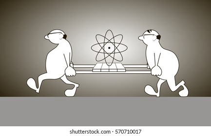 Two scientists bear stretcher with big atom