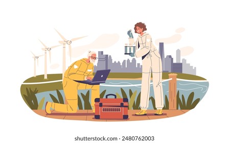 Two Scientists Collecting Water Samples By A River With Wind Turbines And City Skyline In The Background