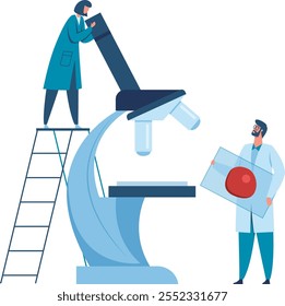 Dos científicos están realizando investigaciones, uno ajustando un Grande microscopio y el otro sosteniendo un portaobjetos de muestra que contiene un glóbulo rojo u otro material orgánico