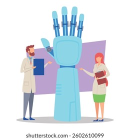 Two scientists discussing futuristic robotic hand display in laboratory setting. People analyzing its features and potential applications in various fields