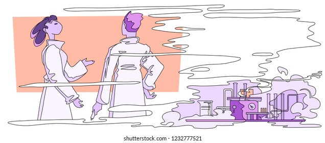 Two scientists discussing the research in front of blackboard while the chemical experiment is in progress. Vector illustration with place for text.