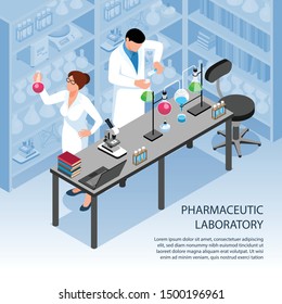 Two scientists doing research in pharmaceutic laboratory 3d isometric vector illustration