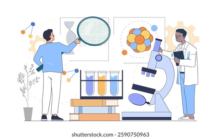 Two scientists examining DNA and molecules, flat graphic style, on white background. Concept of scientific research. Vector illustration