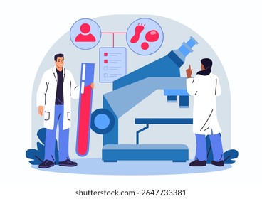 Dois cientistas em jaleco analisando um tubo de ensaio gigante e microscópio com ícones médicos acima, estilo plano sobre fundo branco, conceito de pesquisa médica. Ilustração vetorial