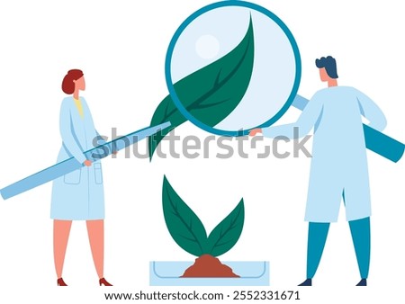Two scientists in lab coats examine a small plant sample with a magnifying glass and tweezers, showing botany or agriculture research