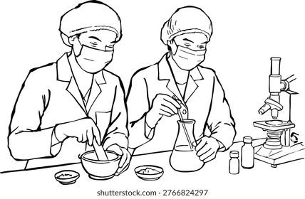 Two scientists in lab coats, masks, and hairnets carefully prepare medicine using a mortar and pestle.