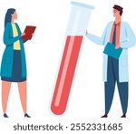 Two scientists in lab coats are performing experiments, holding a clipboard and analyzing a giant test tube containing a red liquid, conducting research and analysis in a laboratory setting