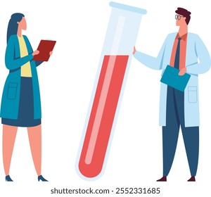 Dos científicos en batas de laboratorio están realizando experimentos, sosteniendo un Portapapeles y analizando un tubo de ensayo gigante que contiene un líquido rojo, realizando investigaciones y análisis en un entorno de laboratorio