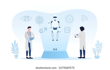 Two scientists in lab coats standing developing a futuristic robot controlled by wifi and computers in cool shades of blue, vector illustration