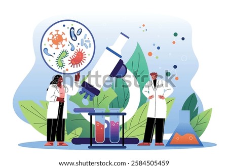 Two scientists in lab coats study bacteria under a microscope with test tubes and a flask, on a science-themed background. Concept of microbiology