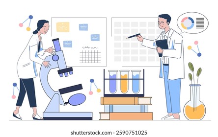 Two scientists in a lab, one using a microscope, the other pointing at a chart. Flat design style on white background. Concept of scientific research. Vector illustration