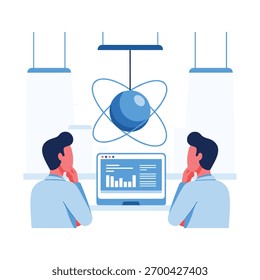 Dois cientistas em um laboratório analisando dados em uma tela de laptop enquanto estudam um modelo grande e suspenso de um átomo acima.