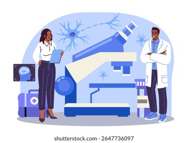 Two scientists in a laboratory examining brain neurons near a giant microscope, modern flat style, on a light background. Concept of neuroscience research. Vector illustration