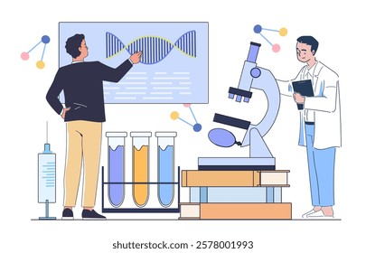 Two scientists in a laboratory setting with DNA diagrams, microscope, and test tubes on a white background. Concept of genetics and research. Flat line art vector illustration