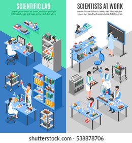 Two scientists laboratory vertical banners set with isometric environment research facility workplaces worker characters and text vector illustration