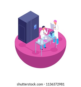 Two scientists make a laboratory experiment. Chemistry laboratory 3d isometric with laboratory equipment vector illustration