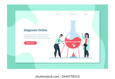 Dois cientistas realizando diagnóstico on-line trabalhando com frasco grande contendo líquido vermelho aquecido por queimador de bunsen, equipamento de laboratório e conceito de serviço médico on-line