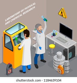 Two scientists researching oil in chemical laboratory 3d isometric vector illustration