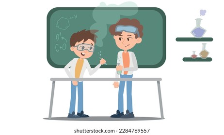 Two scientists in science laboratory doing chemistry research. cute boys vector. 
